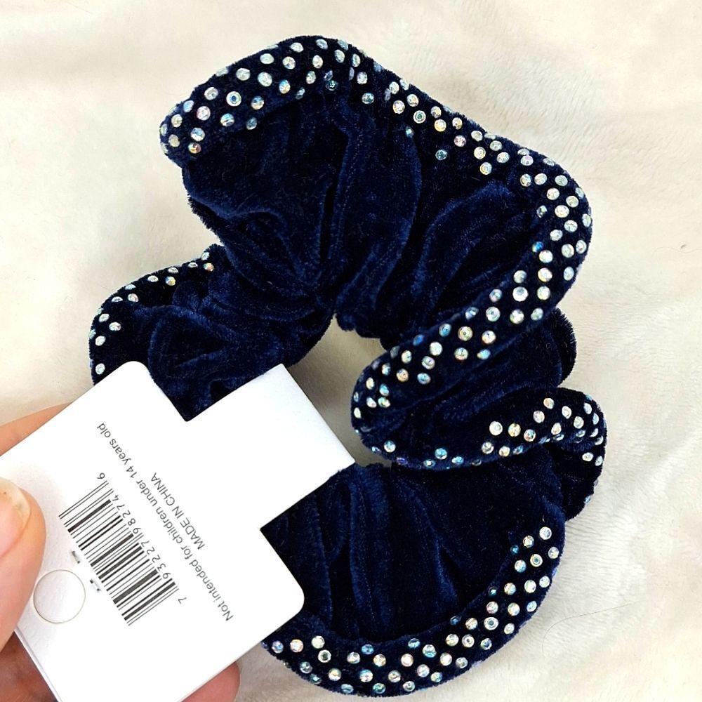 Navy blue crushed velvet mermaid rhinestone trim scrunchie